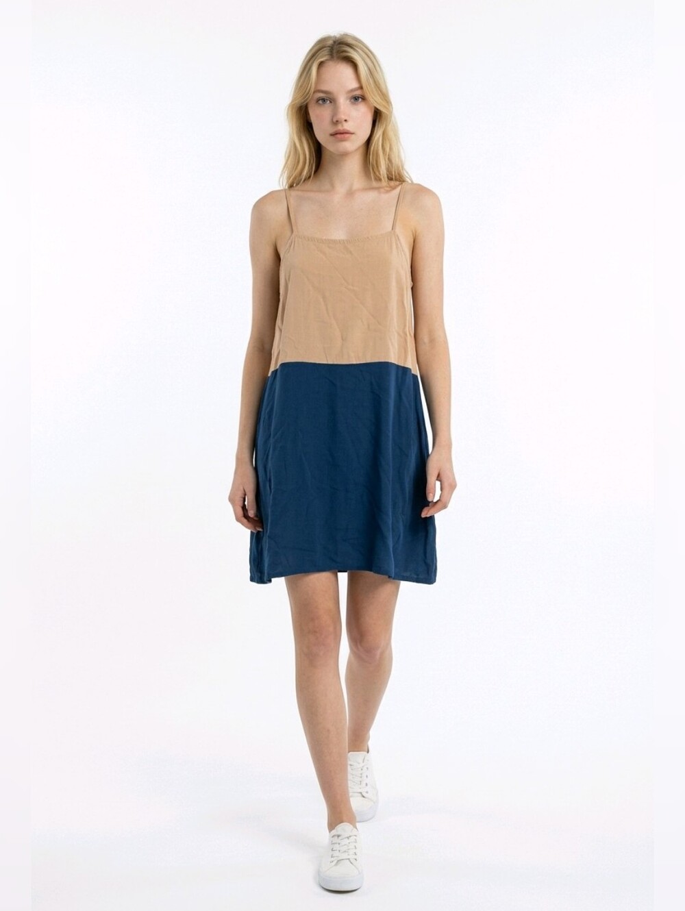 Valija XS Colorblock Mini Dress Tan Cobalt Blue Rayon Adjustable Straps